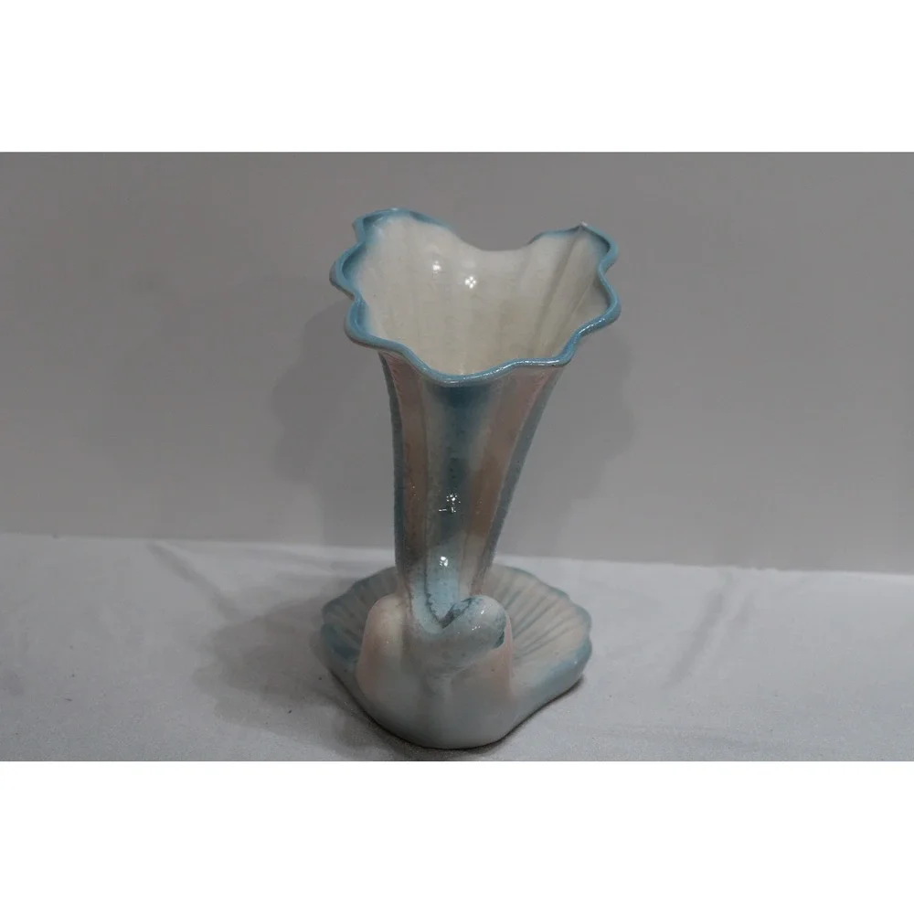 Vintage Blue Pink Ceramic Cornucopia Shell Vase Scalloped Coastal Decor